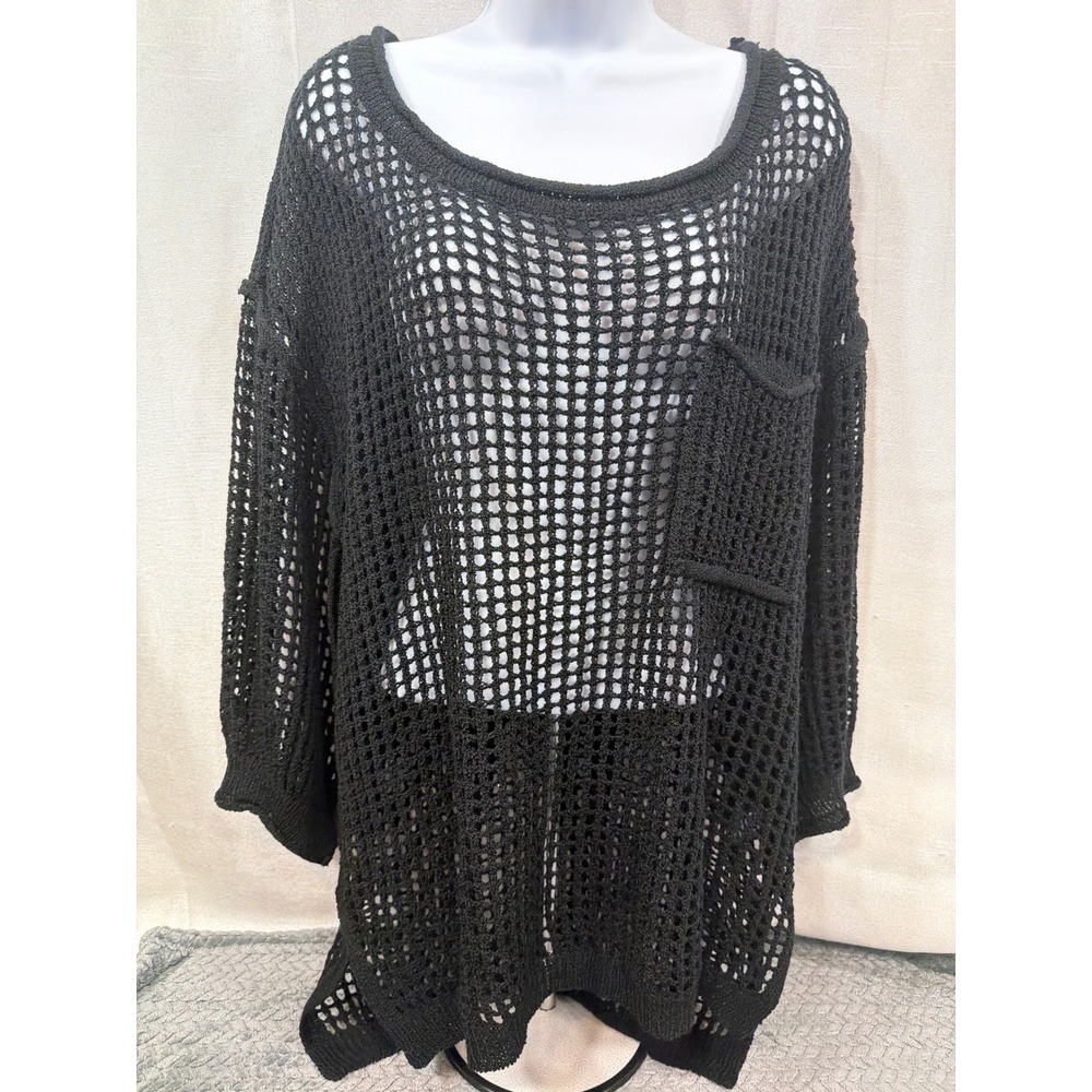 POL Womens Black Open Knit Crochet Sweater Oversized Mesh Top MST247 Medium